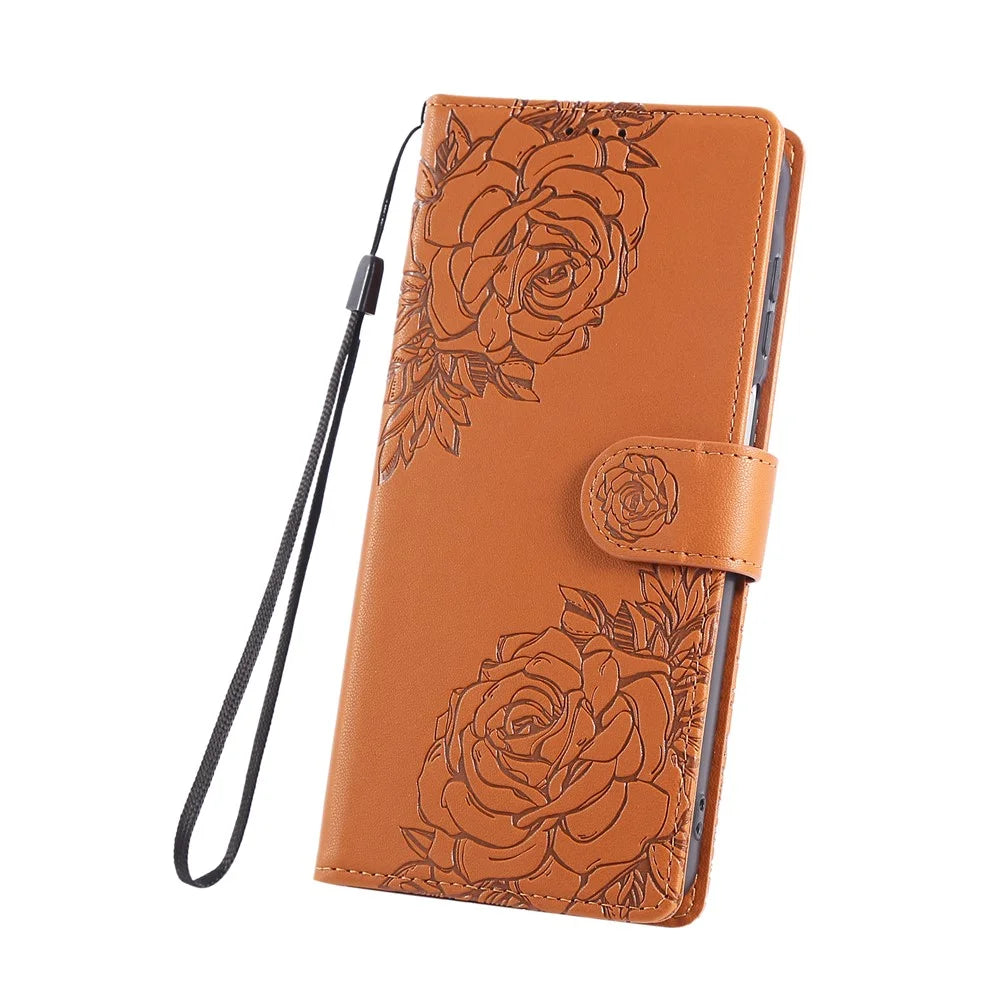 For Samsung Galaxy S26+ Leather Case Rose Flower Wallet Phone Cover with 3 Card Slots  /  Wrist Strap - Brown - 5