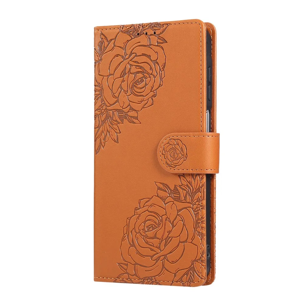 For Samsung Galaxy S26+ Leather Case Rose Flower Wallet Phone Cover with 3 Card Slots  /  Wrist Strap - Brown - 6