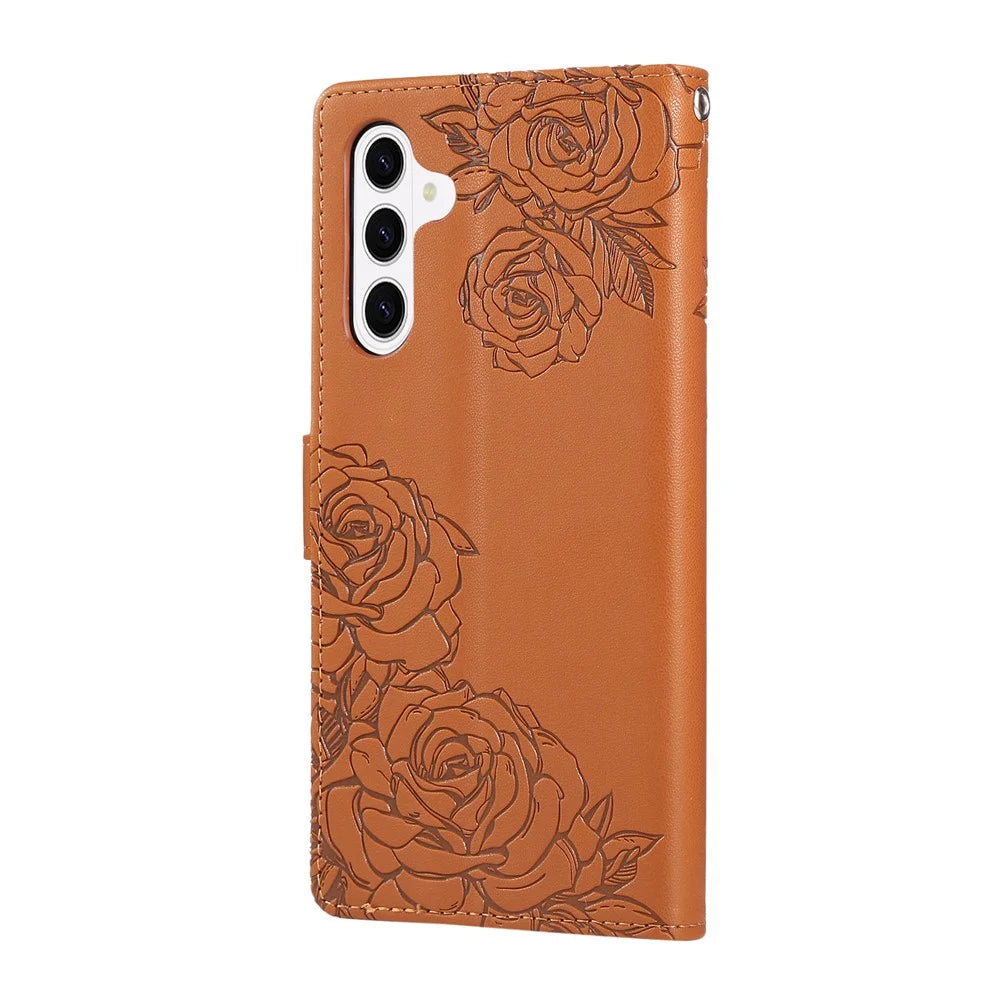 For Samsung Galaxy S26+ Leather Case Rose Flower Wallet Phone Cover with 3 Card Slots  /  Wrist Strap - Brown - 7