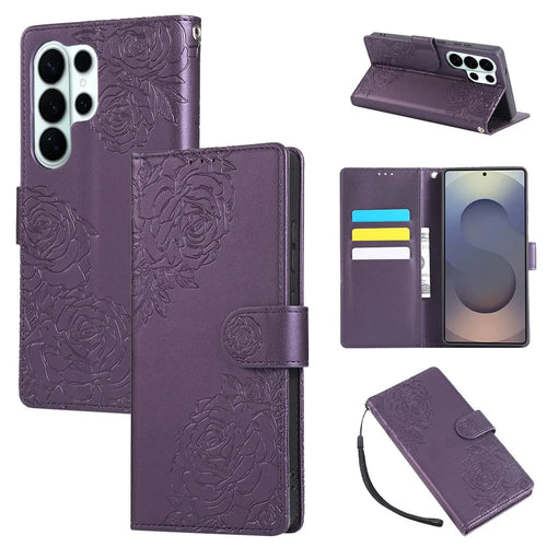 For Samsung Galaxy S26 Ultra Leather Case Rose Flower Wallet Phone Cover with 3 Card Slots  /  Wrist Strap - Dark Purple - 1