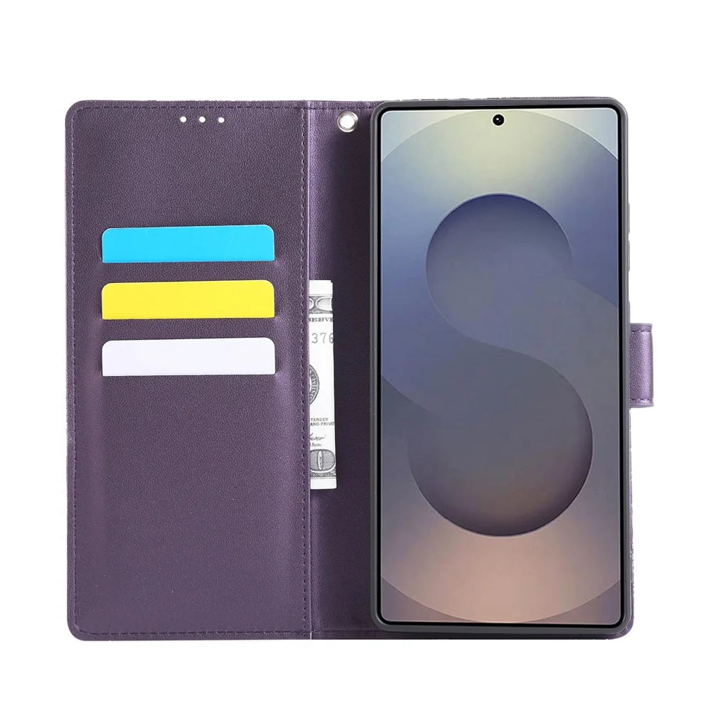 For Samsung Galaxy S26 Ultra Leather Case Rose Flower Wallet Phone Cover with 3 Card Slots  /  Wrist Strap - Dark Purple - 3