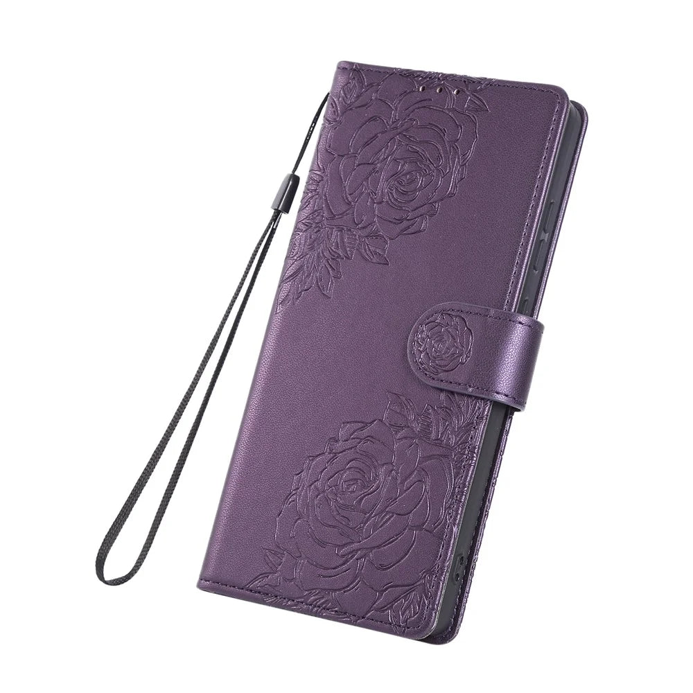 For Samsung Galaxy S26 Ultra Leather Case Rose Flower Wallet Phone Cover with 3 Card Slots  /  Wrist Strap - Dark Purple - 5