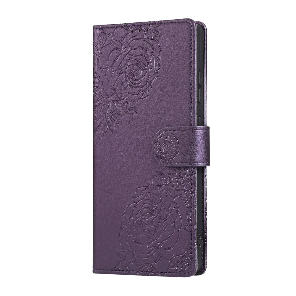 For Samsung Galaxy S26 Ultra Leather Case Rose Flower Wallet Phone Cover with 3 Card Slots  /  Wrist Strap - Dark Purple - 6