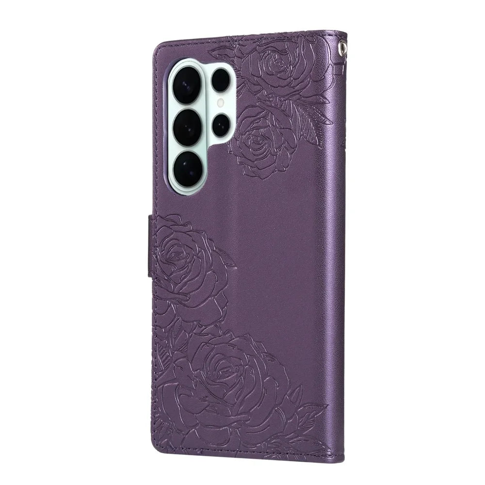 For Samsung Galaxy S26 Ultra Leather Case Rose Flower Wallet Phone Cover with 3 Card Slots  /  Wrist Strap - Dark Purple - 7