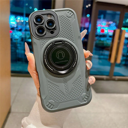 For iPhone 16 Pro Magnetic Case 360° Rotating Kickstand PC + TPU Shockproof Phone Back Cover - Grey - 1