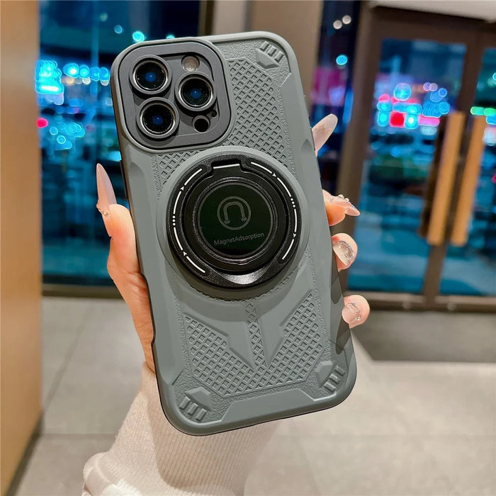 For iPhone 16 Pro Max Magnetic Case 360° Rotating Kickstand PC + TPU Shockproof Phone Back Cover - Grey - 1