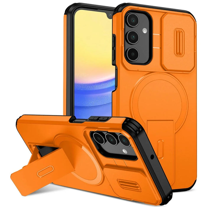 For Samsung Galaxy A15 5G Magnetic Case Kickstand Camera Slider PC + TPU Phone Cover - Orange - 1