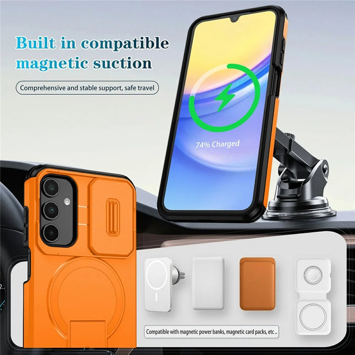 For Samsung Galaxy A15 5G Magnetic Case Kickstand Camera Slider PC + TPU Phone Cover - Orange - 3
