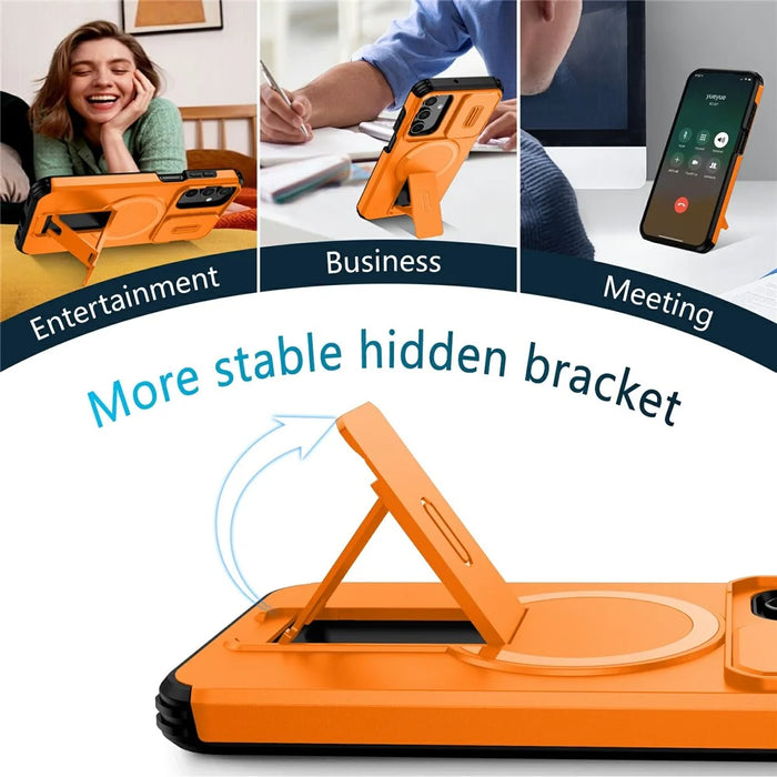 For Samsung Galaxy A15 5G Magnetic Case Kickstand Camera Slider PC + TPU Phone Cover - Orange - 4
