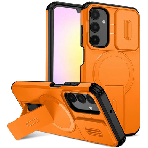For Samsung Galaxy A25 5G (Global) (161mm) Magnetic Case Kickstand Camera Slider PC + TPU Phone Cover - Orange - 1
