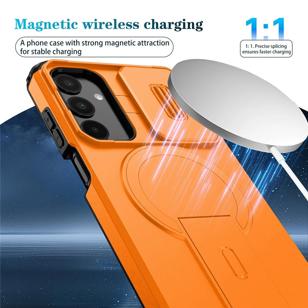 For Samsung Galaxy A25 5G (Global) (161mm) Magnetic Case Kickstand Camera Slider PC + TPU Phone Cover - Orange - 2