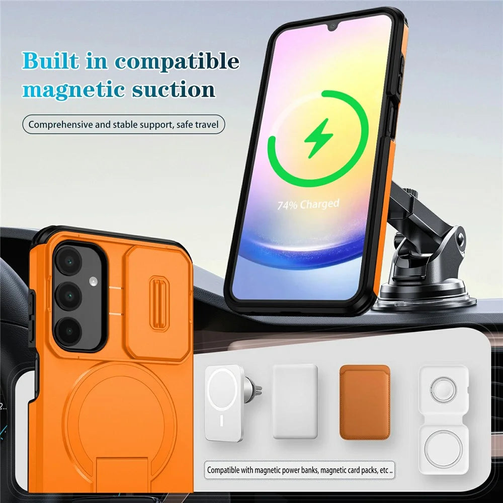 For Samsung Galaxy A25 5G (Global) (161mm) Magnetic Case Kickstand Camera Slider PC + TPU Phone Cover - Orange - 3