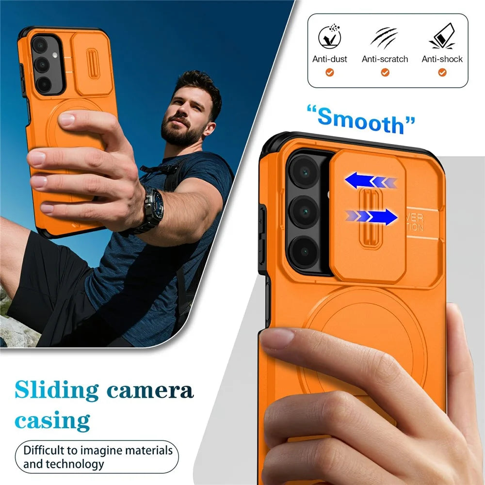 For Samsung Galaxy A25 5G (Global) (161mm) Magnetic Case Kickstand Camera Slider PC + TPU Phone Cover - Orange - 6
