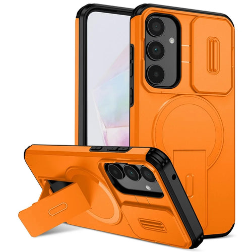For Samsung Galaxy A35 5G Magnetic Case Kickstand Camera Slider PC + TPU Phone Cover - Orange - 1