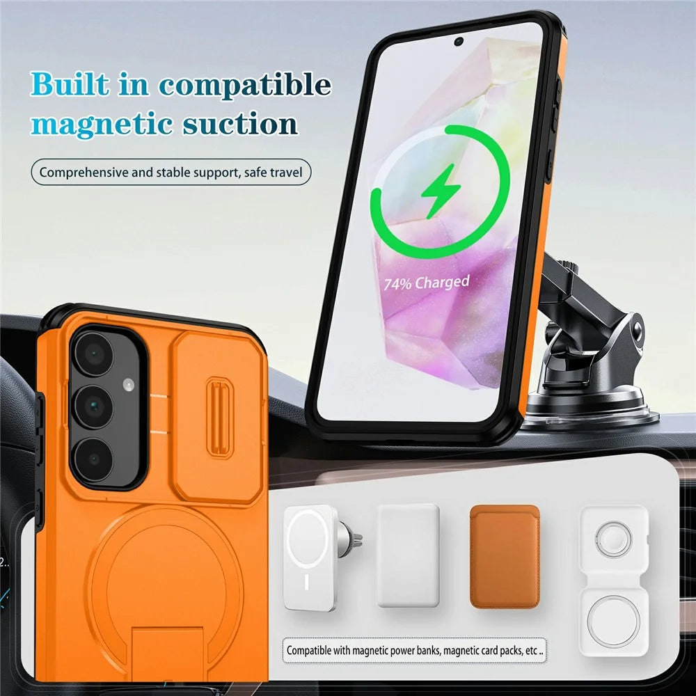 For Samsung Galaxy A35 5G Magnetic Case Kickstand Camera Slider PC + TPU Phone Cover - Orange - 3