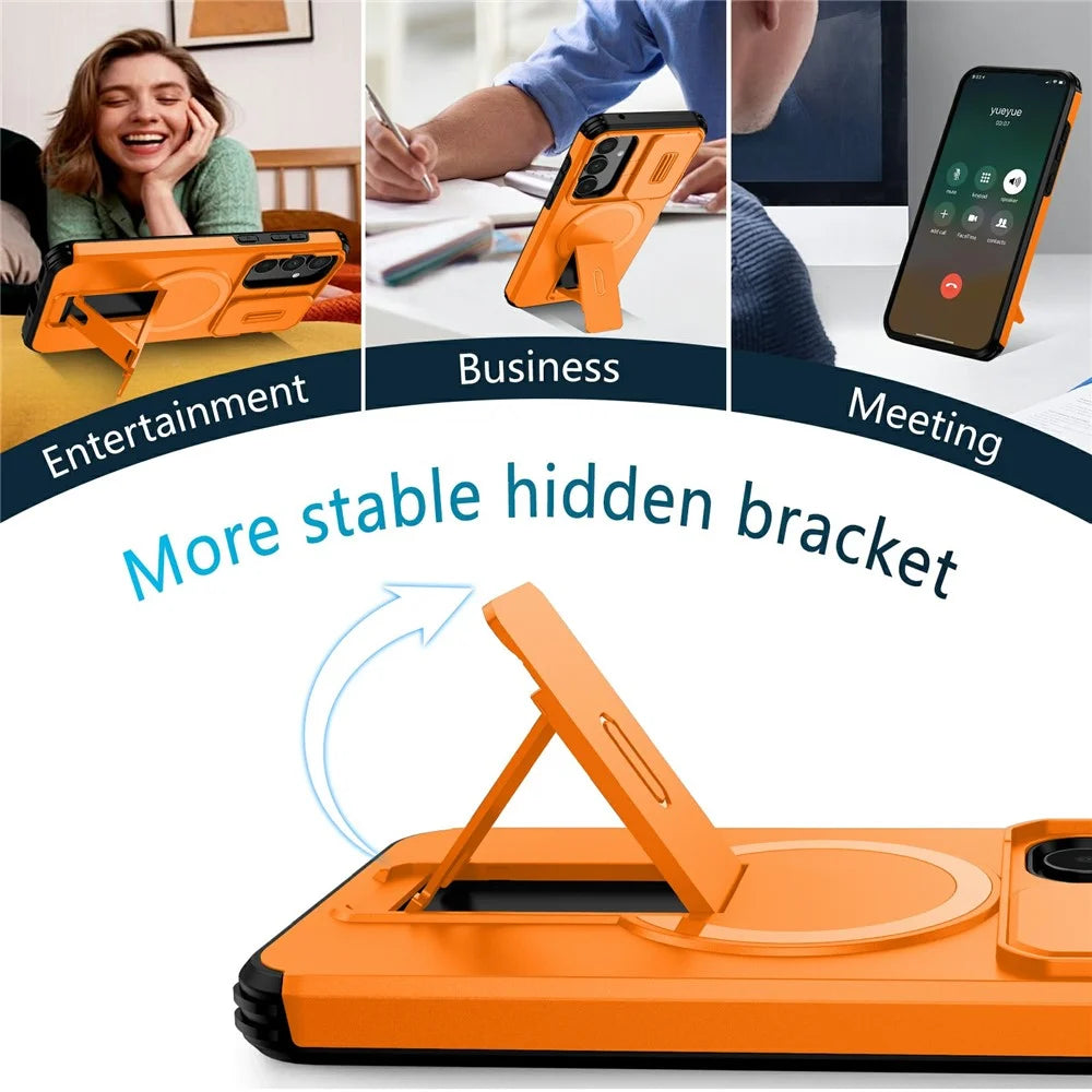 For Samsung Galaxy A35 5G Magnetic Case Kickstand Camera Slider PC + TPU Phone Cover - Orange - 4