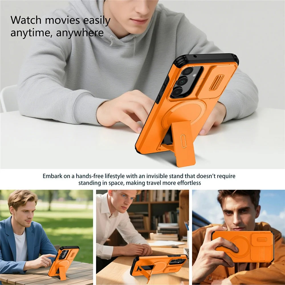 For Samsung Galaxy A35 5G Magnetic Case Kickstand Camera Slider PC + TPU Phone Cover - Orange - 5