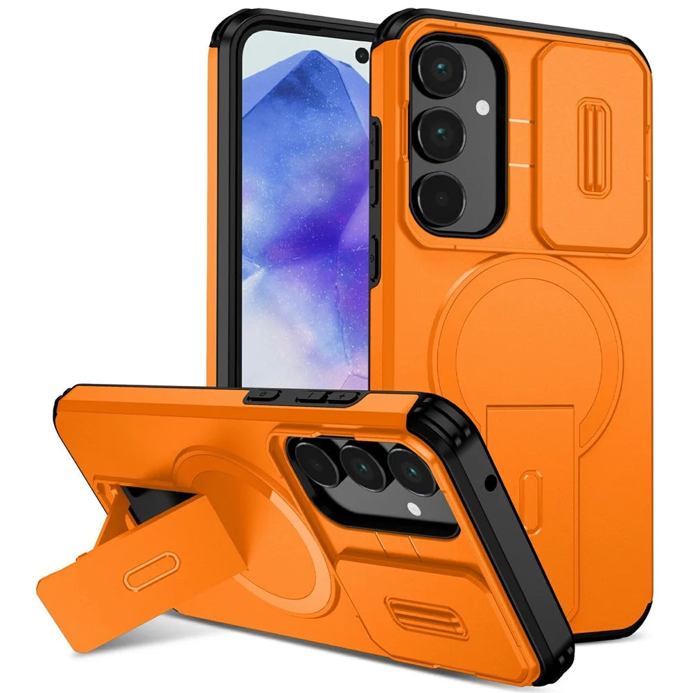 For Samsung Galaxy A55 5G Magnetic Case Kickstand Camera Slider PC + TPU Phone Cover - Orange - 1