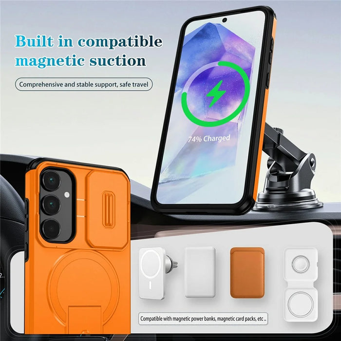 For Samsung Galaxy A55 5G Magnetic Case Kickstand Camera Slider PC + TPU Phone Cover - Orange - 3