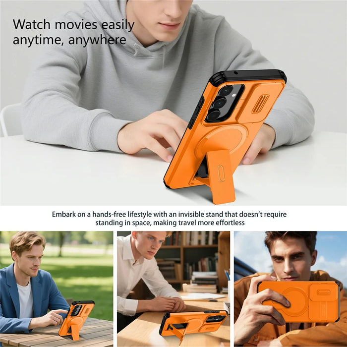 For Samsung Galaxy A55 5G Magnetic Case Kickstand Camera Slider PC + TPU Phone Cover - Orange - 5