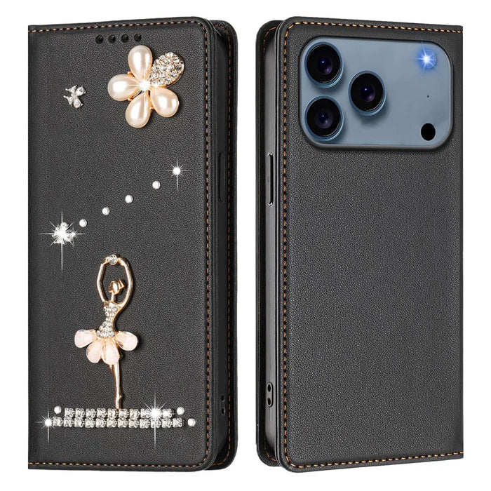 For iPhone 18 Pro Max / 17 Pro Max Leather Case RFID Blocking Wallet Stand Rhinestones Ballet Dancer Flip Phone Cover - Black - 1