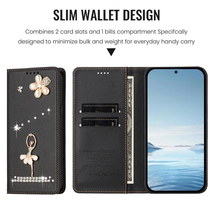 For iPhone 18 Pro Max / 17 Pro Max Leather Case RFID Blocking Wallet Stand Rhinestones Ballet Dancer Flip Phone Cover - Black - 6
