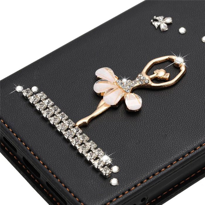 For iPhone 18 Pro Max / 17 Pro Max Leather Case RFID Blocking Wallet Stand Rhinestones Ballet Dancer Flip Phone Cover - Black - 7