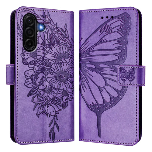 For Samsung Galaxy A57 5G Wallet Case with Wrist Strap Butterfly Imprint Leather Phone Cover - Purple - 1