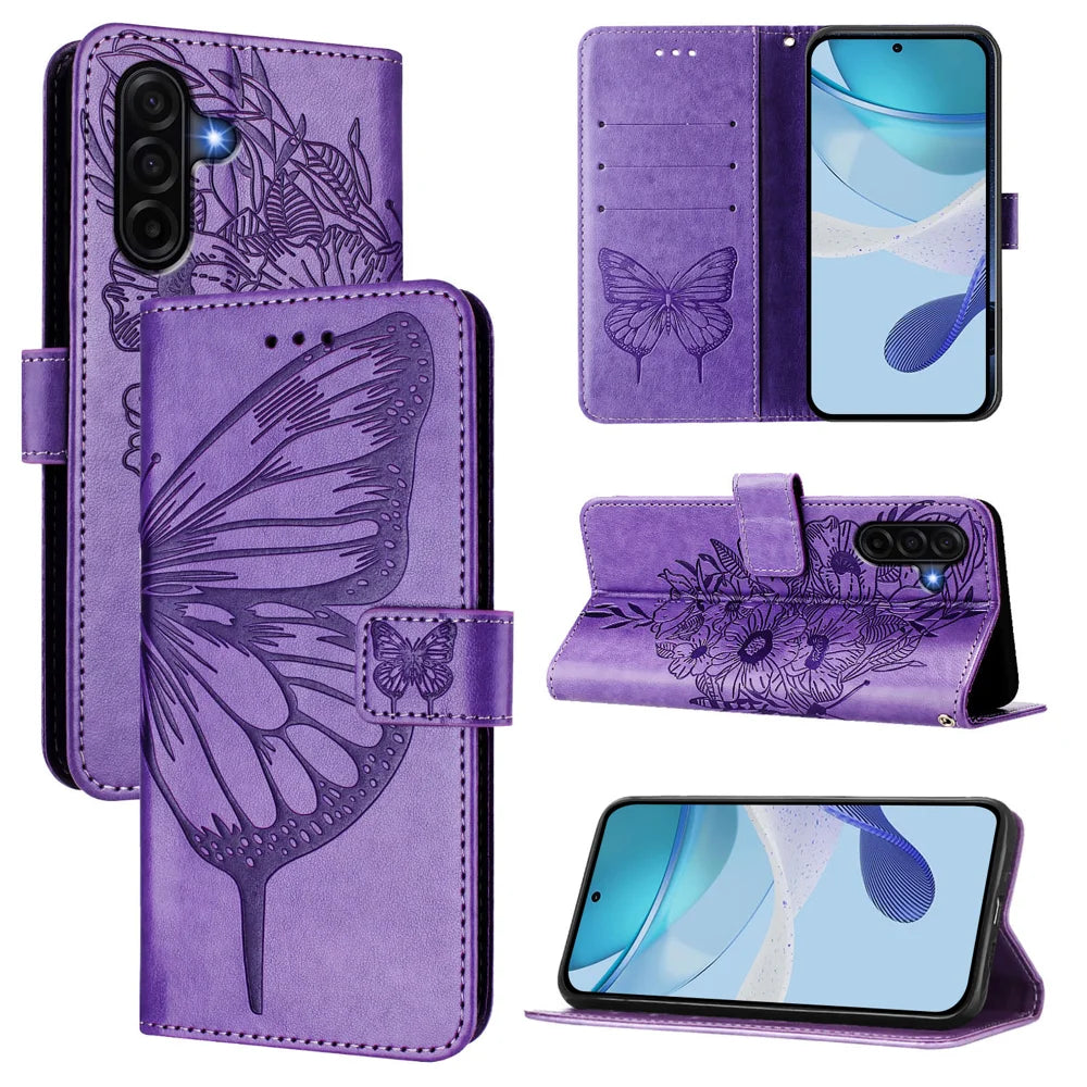 For Samsung Galaxy A57 5G Wallet Case with Wrist Strap Butterfly Imprint Leather Phone Cover - Purple - 2