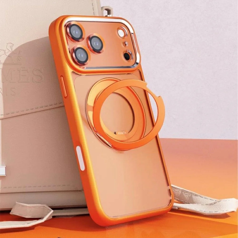 For iPhone 17 Pro Max Case Magnetic Rotating Kickstand PC + TPU Phone Cover with Detachable Camera Lens Film Compatible with MagSafe - Orange - 7
