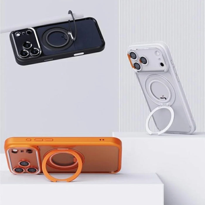 For iPhone 17 Pro Case Magnetic Rotating Kickstand PC + TPU Phone Cover with Detachable Camera Lens Film Compatible with MagSafe - Orange - 2