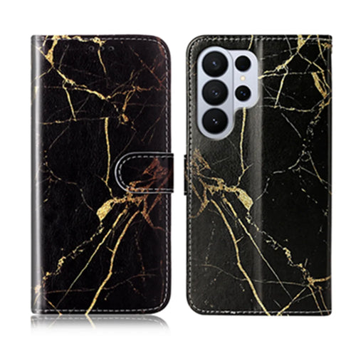 For Samsung Galaxy S26 Ultra Stand Case Marble Painted Folio Flip Leather Wallet Phone Cover - Black Gold Marble - 1