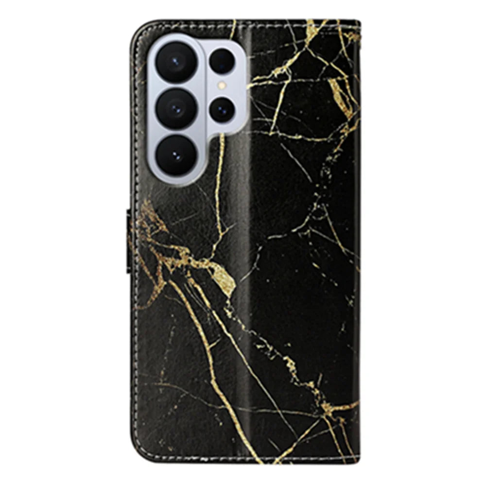 For Samsung Galaxy S26 Ultra Stand Case Marble Painted Folio Flip Leather Wallet Phone Cover - Black Gold Marble - 2