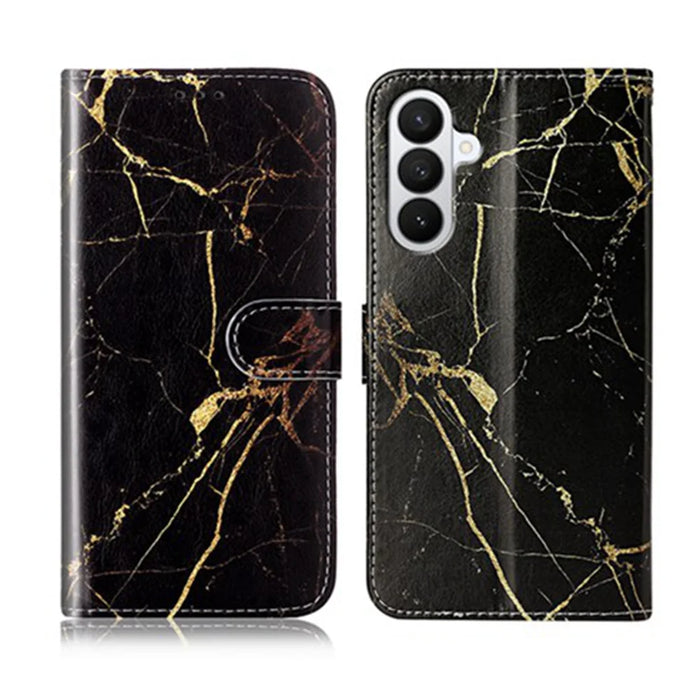 For Samsung Galaxy A37 5G Stand Case Marble Painted Folio Flip Leather Wallet Phone Cover - Black Gold Marble - 1