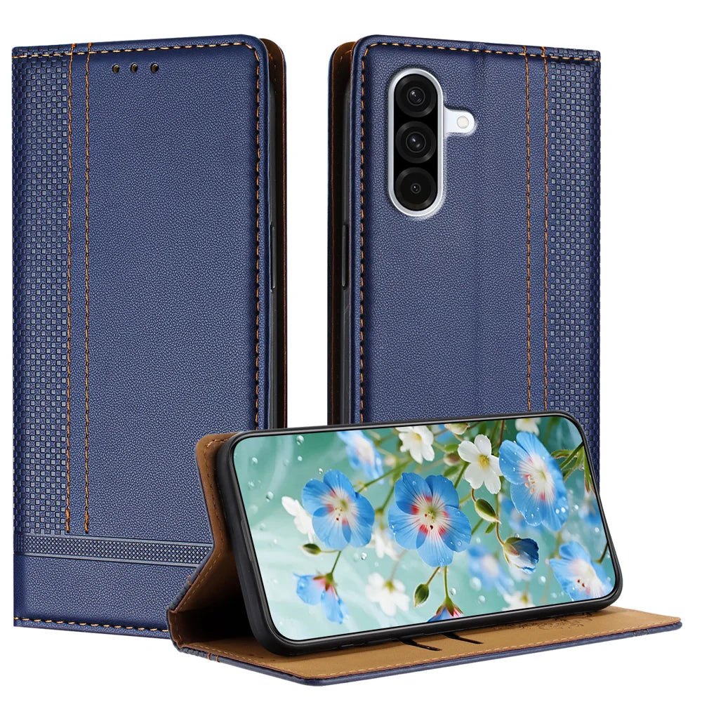For Samsung Galaxy A37 5G Case L-Shaped Grid Pattern Leather Stand Phone Cover with Card Slots - Blue - 1