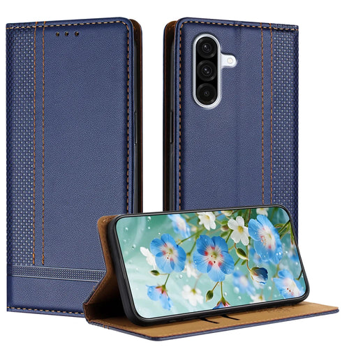 For Samsung Galaxy A37 5G Case L-Shaped Grid Pattern Leather Stand Phone Cover with Card Slots - Blue - 1