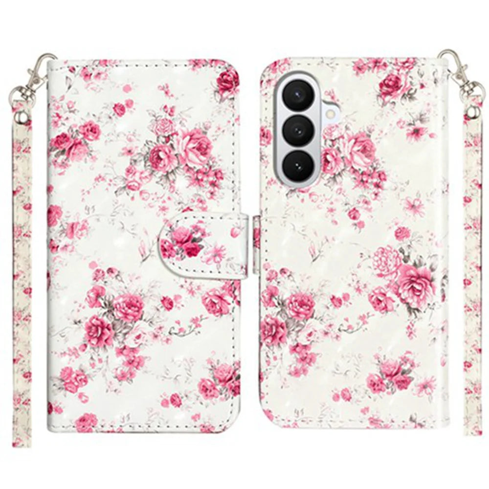 For Samsung Galaxy A37 5G Wallet Case 3D Pattern Printed Leather Phone Cover with Strap - Roses - 1