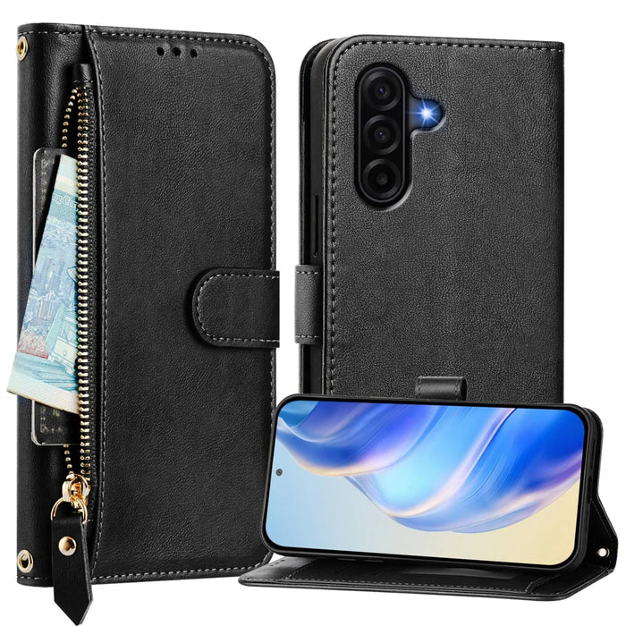 For Samsung Galaxy A57 5G Case Zipper Pocket Multiple Card Slots Leather Phone Cover - Black - 2