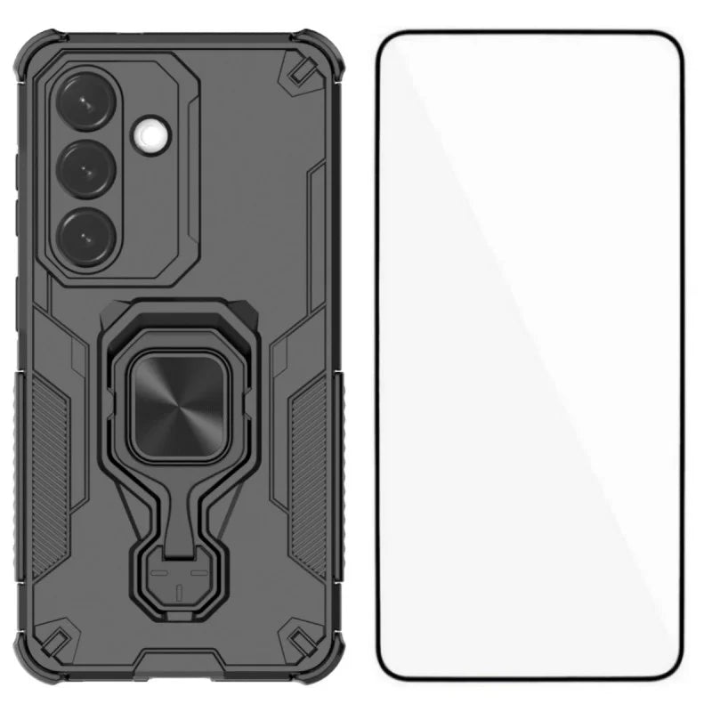 WANLONFENG For Samsung Galaxy S26 Phone Case  PC TPU Back Cover Kickstand with Tempered Glass - Black - 1