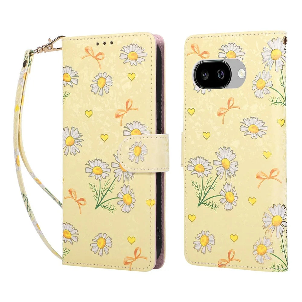 For Google Pixel 10a Case RFID Blocking Flower Leather Phone Cover - Yellow Daisy - 1