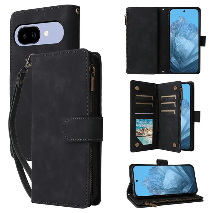 For Google Pixel 10a Case Zipper Wallet Multiple Card Slots Leather Phone Cover with Wrist Strap - Black - 1