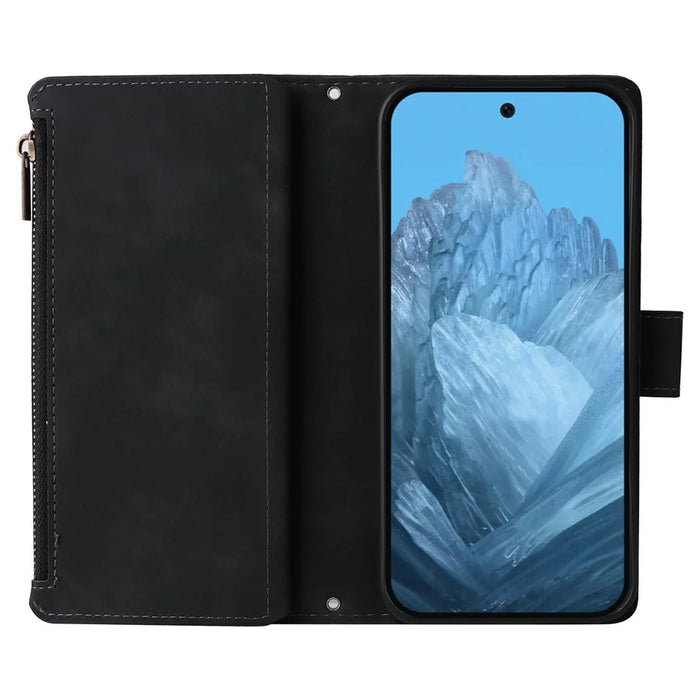 For Google Pixel 10a Case Zipper Wallet Multiple Card Slots Leather Phone Cover with Wrist Strap - Black - 2