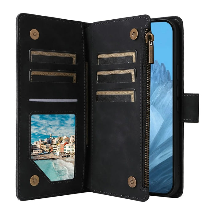 For Google Pixel 10a Case Zipper Wallet Multiple Card Slots Leather Phone Cover with Wrist Strap - Black - 3