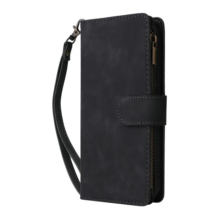 For Google Pixel 10a Case Zipper Wallet Multiple Card Slots Leather Phone Cover with Wrist Strap - Black - 6