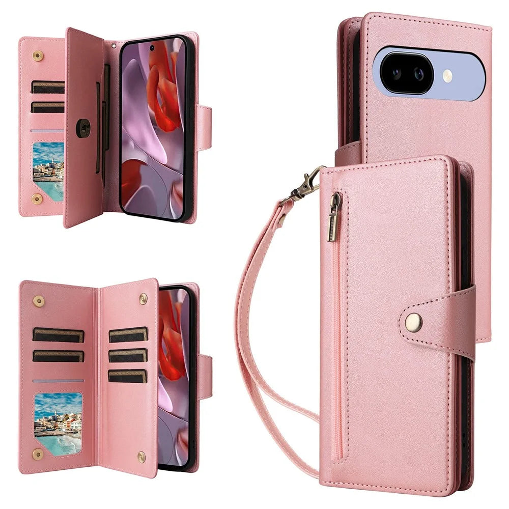 For Google Pixel 10a Case Zipper Wallet Rivet Decor Leather Phone Cover with Wrist Strap - Rose Gold - 1