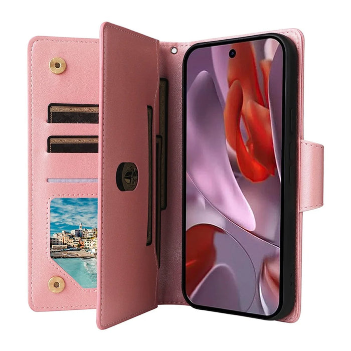 For Google Pixel 10a Case Zipper Wallet Rivet Decor Leather Phone Cover with Wrist Strap - Rose Gold - 3