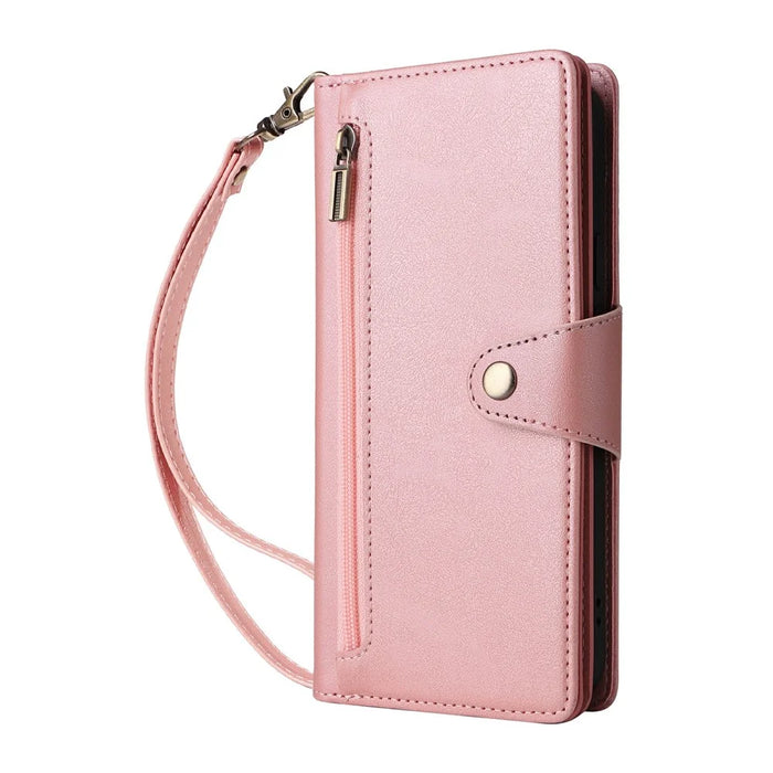 For Google Pixel 10a Case Zipper Wallet Rivet Decor Leather Phone Cover with Wrist Strap - Rose Gold - 6