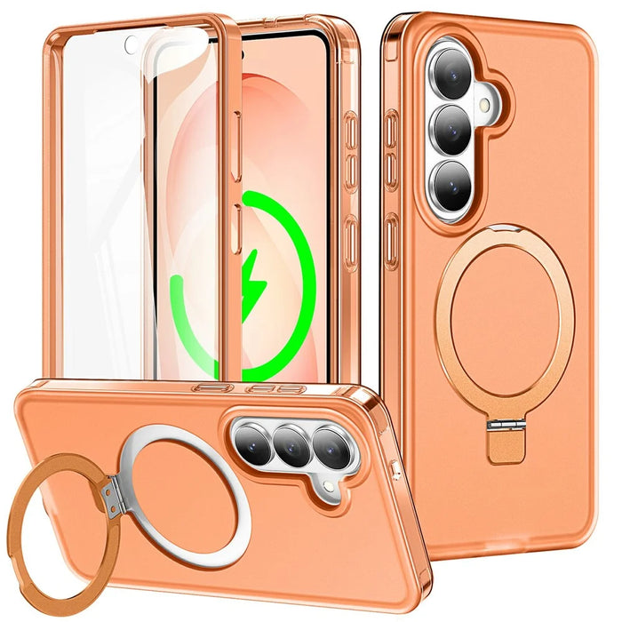 For Samsung Galaxy S26 Magnetic Case Kickstand Frosted TPU + PC Phone Cover with PET Screen Protector - Orange - 1
