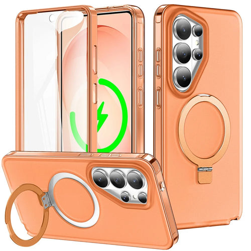 For Samsung Galaxy S26 Ultra Magnetic Case Kickstand Frosted TPU + PC Phone Cover with PET Screen Protector - Orange - 1