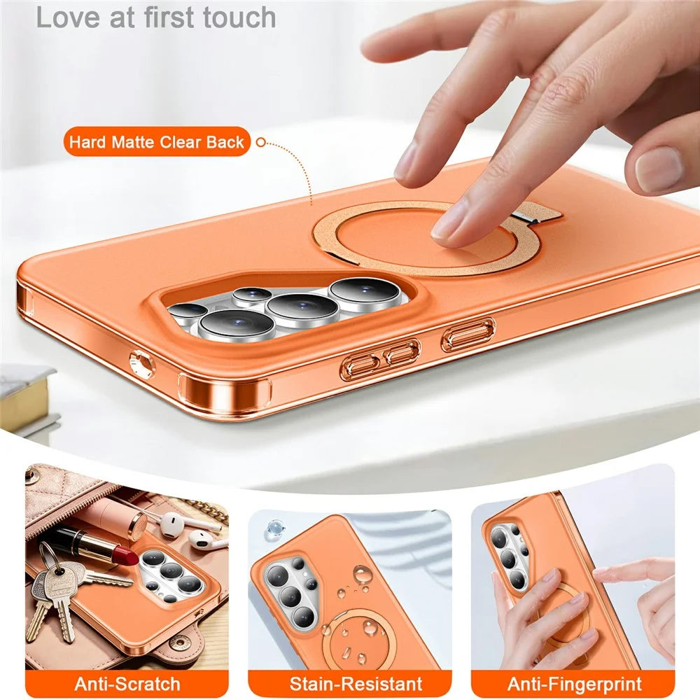 For Samsung Galaxy S26 Ultra Magnetic Case Kickstand Frosted TPU + PC Phone Cover with PET Screen Protector - Orange - 4